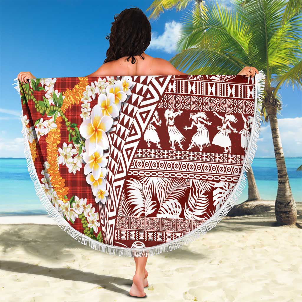 Hawaiian Plumeria Lei Beach Blanket Kakau Motifs and Palaka Half Style Red Color LT03 - Polynesian Pride