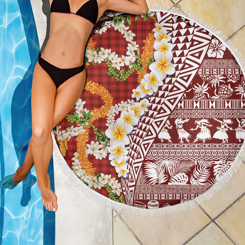 Hawaiian Plumeria Lei Beach Blanket Kakau Motifs and Palaka Half Style Red Color LT03 - Polynesian Pride
