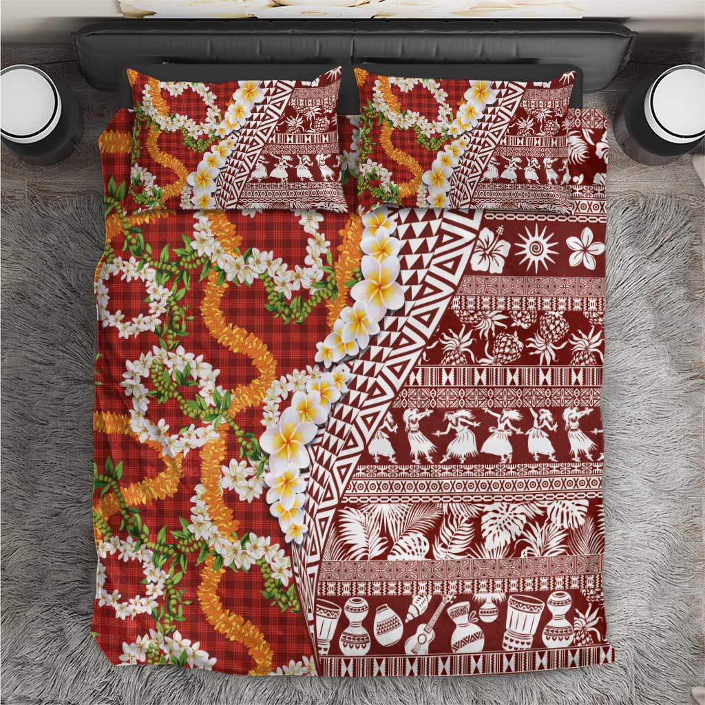 Hawaiian Plumeria Lei Bedding Set Kakau Motifs and Palaka Half Style Red Color LT03 Red - Polynesian Pride