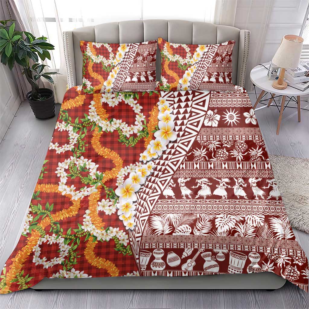 Hawaiian Plumeria Lei Bedding Set Kakau Motifs and Palaka Half Style Red Color LT03 - Polynesian Pride