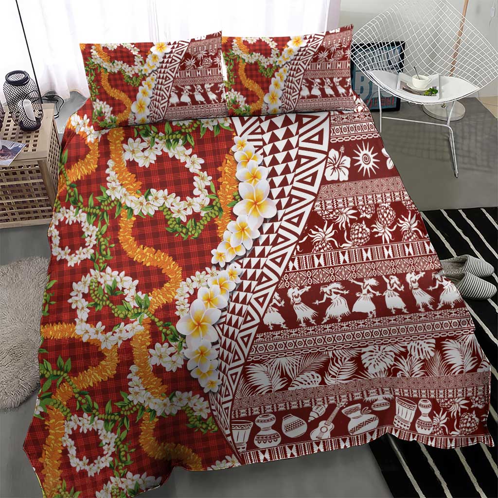 Hawaiian Plumeria Lei Bedding Set Kakau Motifs and Palaka Half Style Red Color LT03 - Polynesian Pride