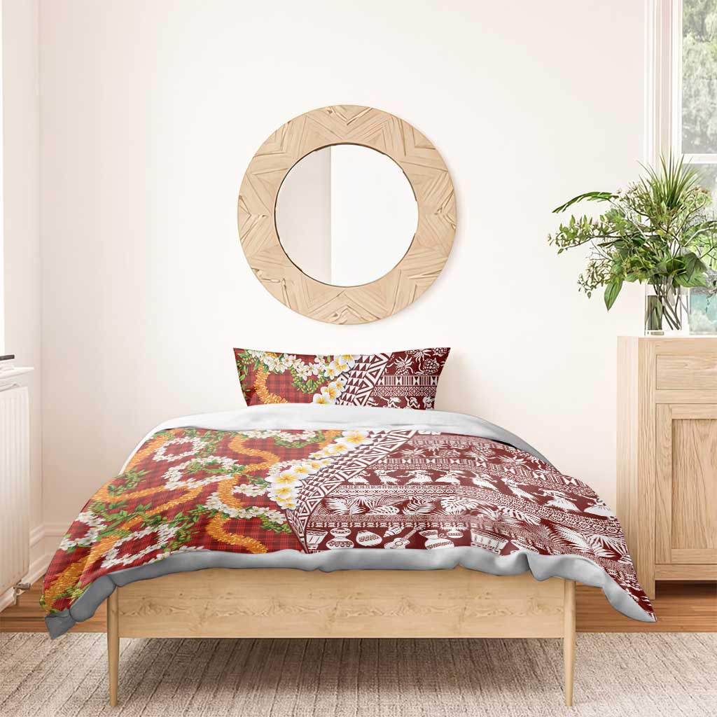 Hawaiian Plumeria Lei Bedding Set Kakau Motifs and Palaka Half Style Red Color LT03 - Polynesian Pride