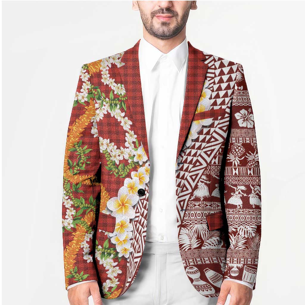 Hawaiian Plumeria Lei Blazer Kakau Motifs and Palaka Half Style Red Color LT03 - Polynesian Pride