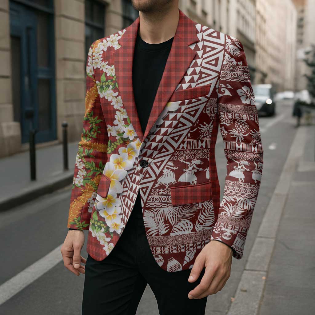 Hawaiian Plumeria Lei Blazer Kakau Motifs and Palaka Half Style Red Color LT03 - Polynesian Pride