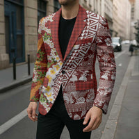 Hawaiian Plumeria Lei Blazer Kakau Motifs and Palaka Half Style Red Color LT03 - Polynesian Pride