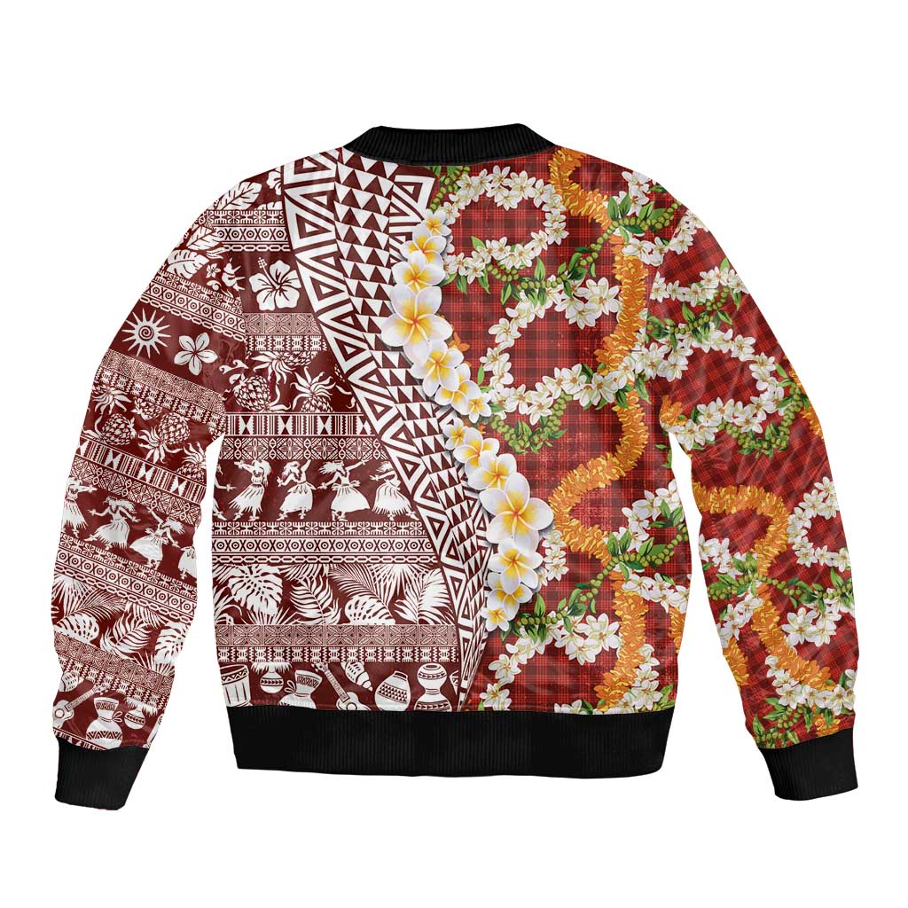 Hawaiian Plumeria Lei Bomber Jacket Kakau Motifs and Palaka Half Style Red Color - Polynesian Pride