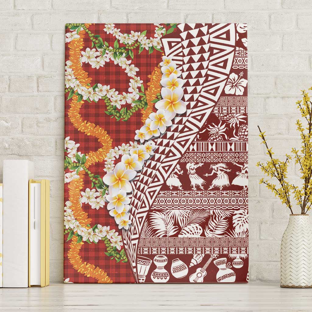 Hawaiian Plumeria Lei Canvas Wall Art Kakau Motifs and Palaka Half Style Red Color - Polynesian Pride