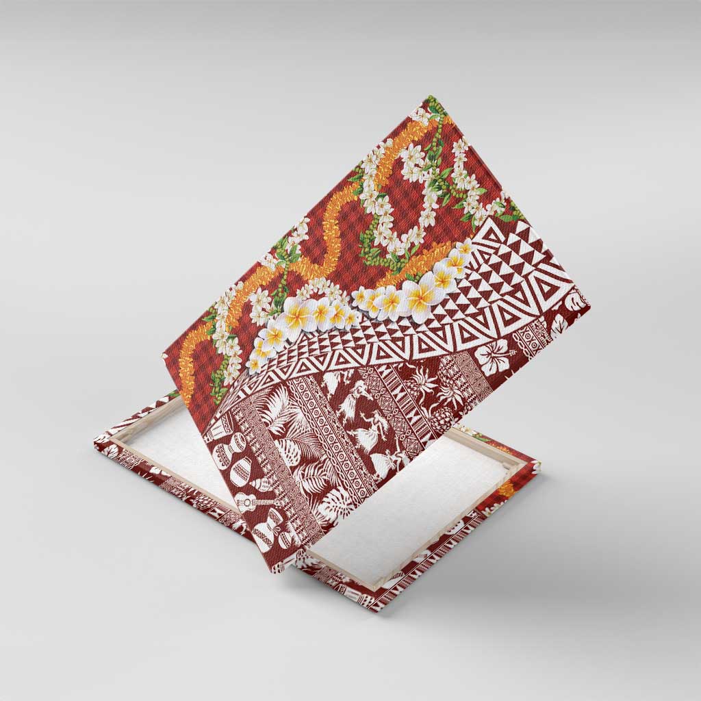 Hawaiian Plumeria Lei Canvas Wall Art Kakau Motifs and Palaka Half Style Red Color LT03 With Frame Red - Polynesian Pride