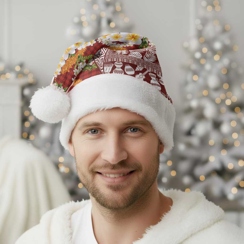 Hawaiian Plumeria Lei Christmas Santa Hat Kakau Motifs and Palaka Half Style Red Color - Polynesian Pride