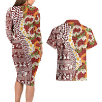 Hawaiian Plumeria Lei Couples Matching Long Sleeve Bodycon Dress and Hawaiian Shirt Kakau Motifs and Palaka Half Style Red Color - Polynesian Pride