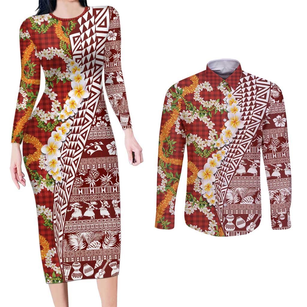 Hawaiian Plumeria Lei Couples Matching Long Sleeve Bodycon Dress and Long Sleeve Button Shirt Kakau Motifs and Palaka Half Style Red Color - Polynesian Pride