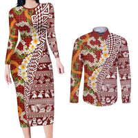 Hawaiian Plumeria Lei Couples Matching Long Sleeve Bodycon Dress and Long Sleeve Button Shirt Kakau Motifs and Palaka Half Style Red Color - Polynesian Pride
