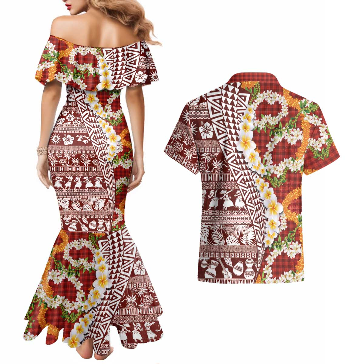 Hawaiian Plumeria Lei Couples Matching Mermaid Dress and Hawaiian Shirt Kakau Motifs and Palaka Half Style Red Color - Polynesian Pride