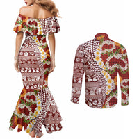 Hawaiian Plumeria Lei Couples Matching Mermaid Dress and Long Sleeve Button Shirt Kakau Motifs and Palaka Half Style Red Color - Polynesian Pride