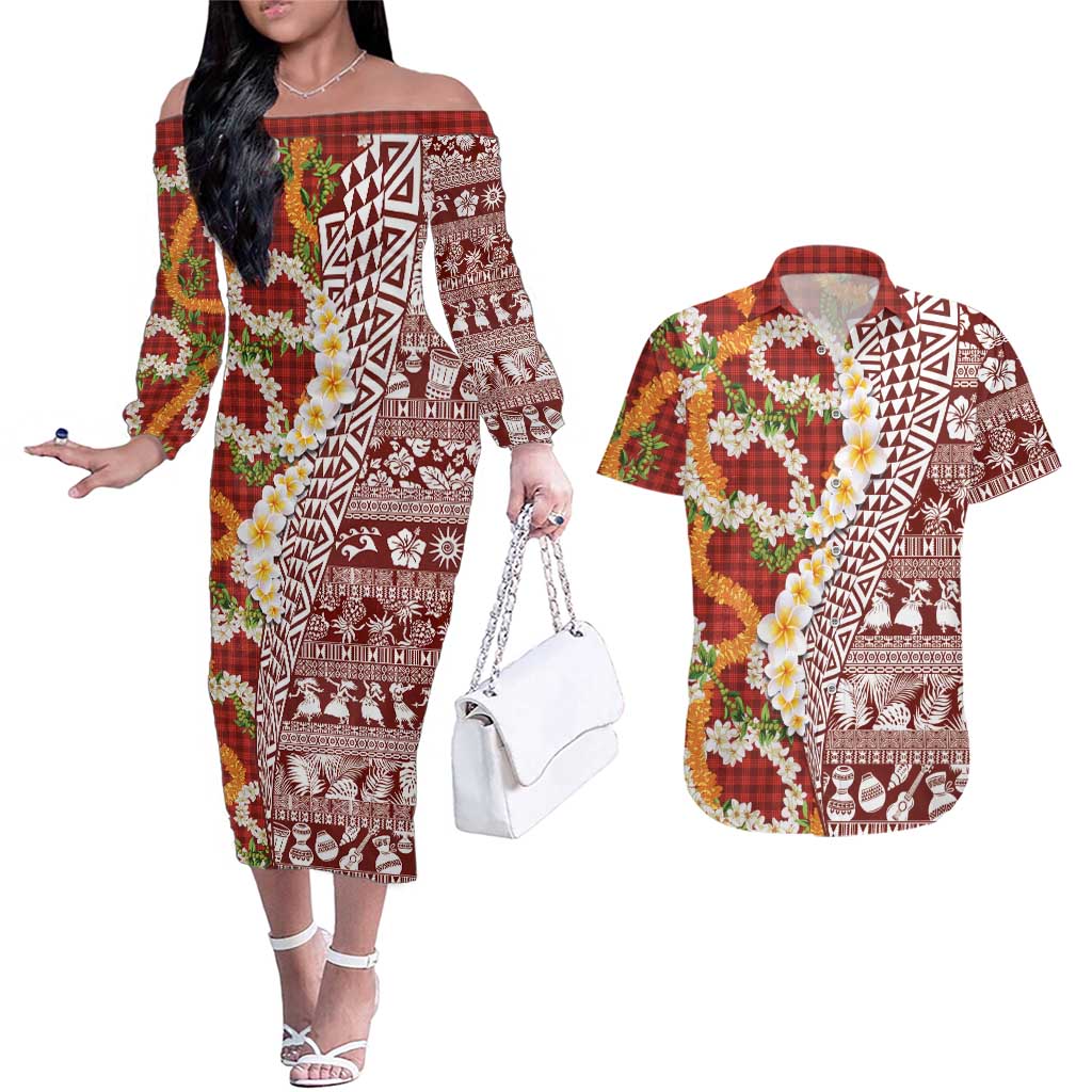 Hawaiian Plumeria Lei Couples Matching Off The Shoulder Long Sleeve Dress and Hawaiian Shirt Kakau Motifs and Palaka Half Style Red Color LT03 Red - Polynesian Pride