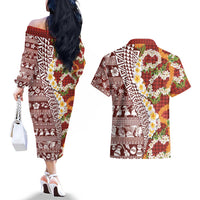 Hawaiian Plumeria Lei Couples Matching Off The Shoulder Long Sleeve Dress and Hawaiian Shirt Kakau Motifs and Palaka Half Style Red Color LT03 - Polynesian Pride