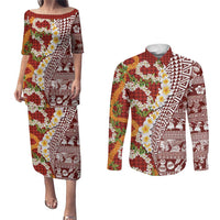Hawaiian Plumeria Lei Couples Matching Puletasi and Long Sleeve Button Shirt Kakau Motifs and Palaka Half Style Red Color - Polynesian Pride