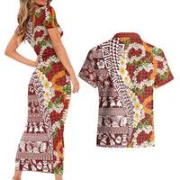 Hawaiian Plumeria Lei Couples Matching Short Sleeve Bodycon Dress and Hawaiian Shirt Kakau Motifs and Palaka Half Style Red Color - Polynesian Pride