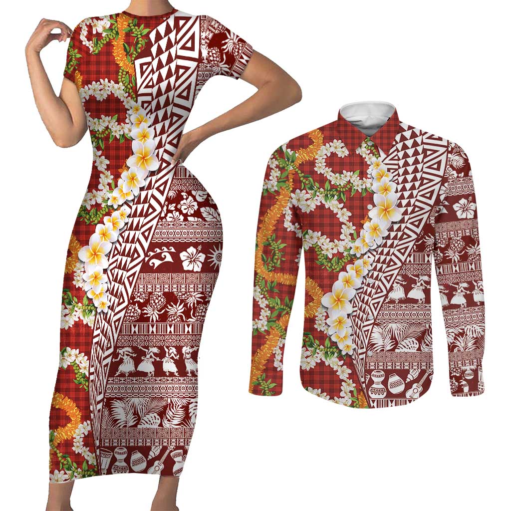 Hawaiian Plumeria Lei Couples Matching Short Sleeve Bodycon Dress and Long Sleeve Button Shirt Kakau Motifs and Palaka Half Style Red Color - Polynesian Pride