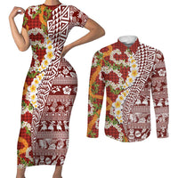 Hawaiian Plumeria Lei Couples Matching Short Sleeve Bodycon Dress and Long Sleeve Button Shirt Kakau Motifs and Palaka Half Style Red Color - Polynesian Pride