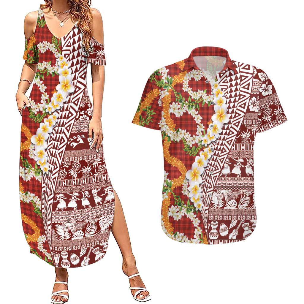 Hawaiian Plumeria Lei Couples Matching Summer Maxi Dress and Hawaiian Shirt Kakau Motifs and Palaka Half Style Red Color - Polynesian Pride