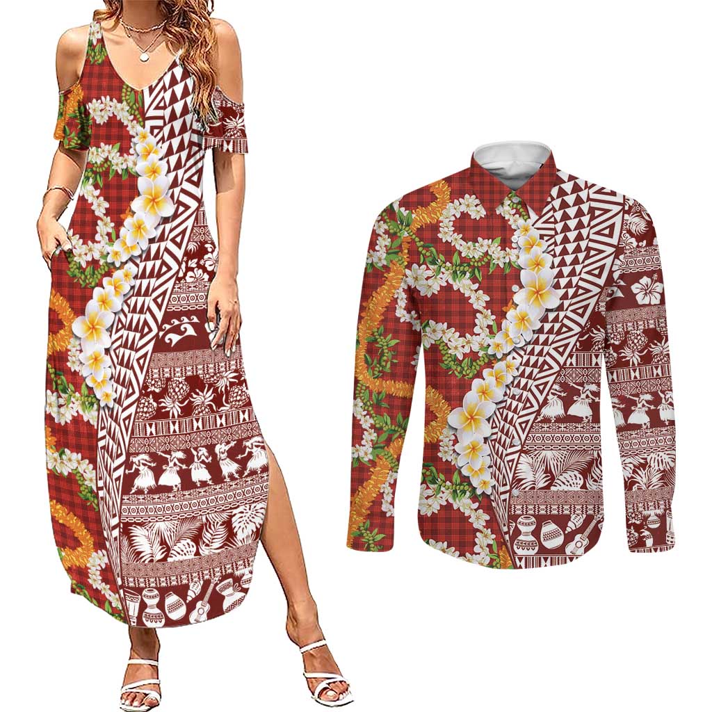 Hawaiian Plumeria Lei Couples Matching Summer Maxi Dress and Long Sleeve Button Shirt Kakau Motifs and Palaka Half Style Red Color LT03 Red - Polynesian Pride