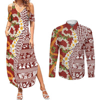 Hawaiian Plumeria Lei Couples Matching Summer Maxi Dress and Long Sleeve Button Shirt Kakau Motifs and Palaka Half Style Red Color LT03 Red - Polynesian Pride