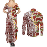 Hawaiian Plumeria Lei Couples Matching Summer Maxi Dress and Long Sleeve Button Shirt Kakau Motifs and Palaka Half Style Red Color LT03 - Polynesian Pride