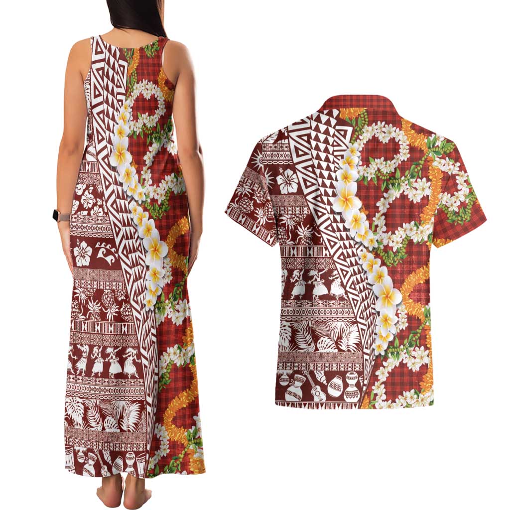 Hawaiian Plumeria Lei Couples Matching Tank Maxi Dress and Hawaiian Shirt Kakau Motifs and Palaka Half Style Red Color - Polynesian Pride