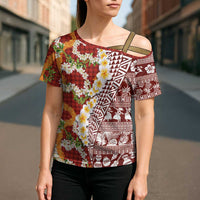Hawaiian Plumeria Lei Cross Shoulder Shirt Kakau Motifs and Palaka Half Style Red Color - Polynesian Pride