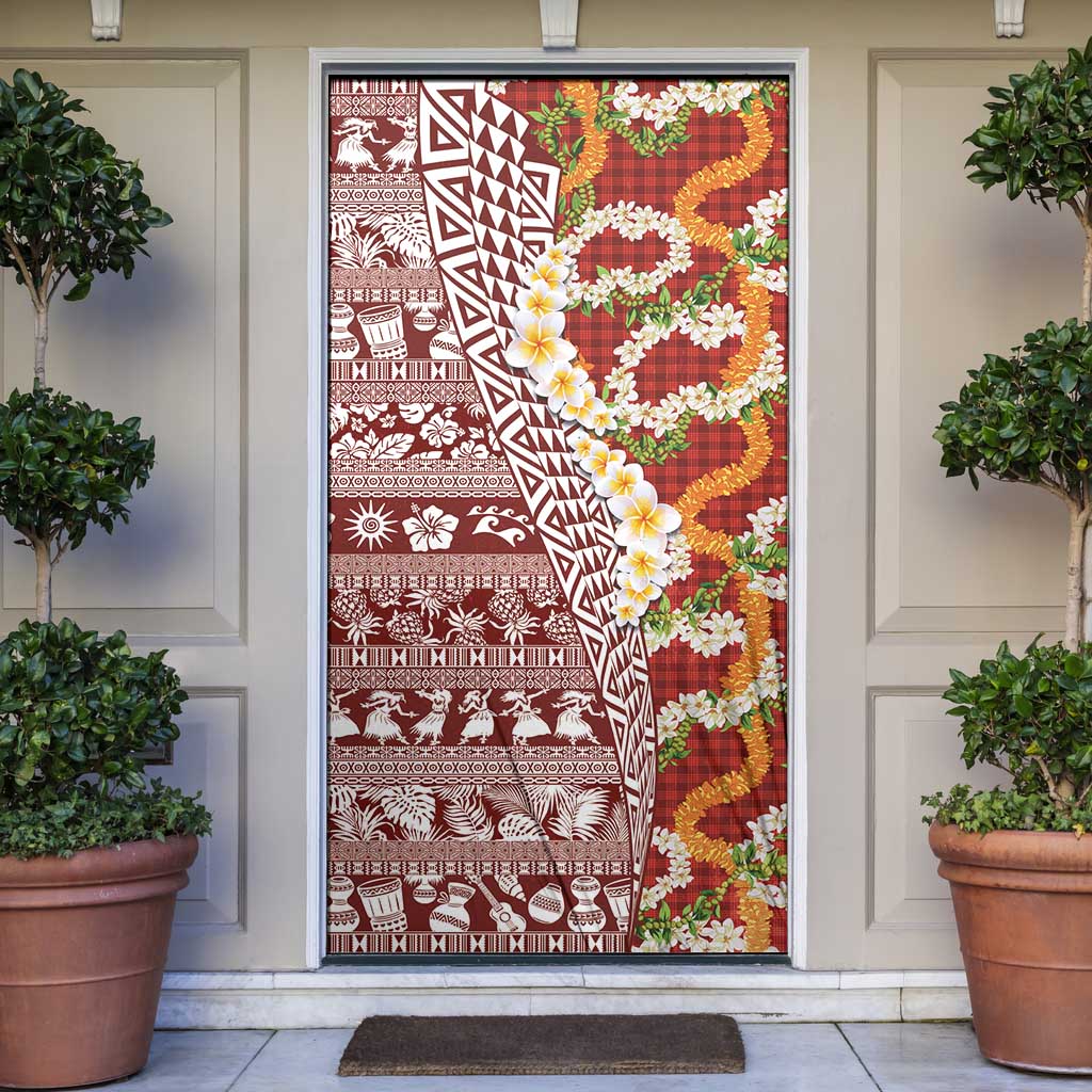Hawaiian Plumeria Lei Door Cover Kakau Motifs and Palaka Half Style Red Color LT03 Red - Polynesian Pride