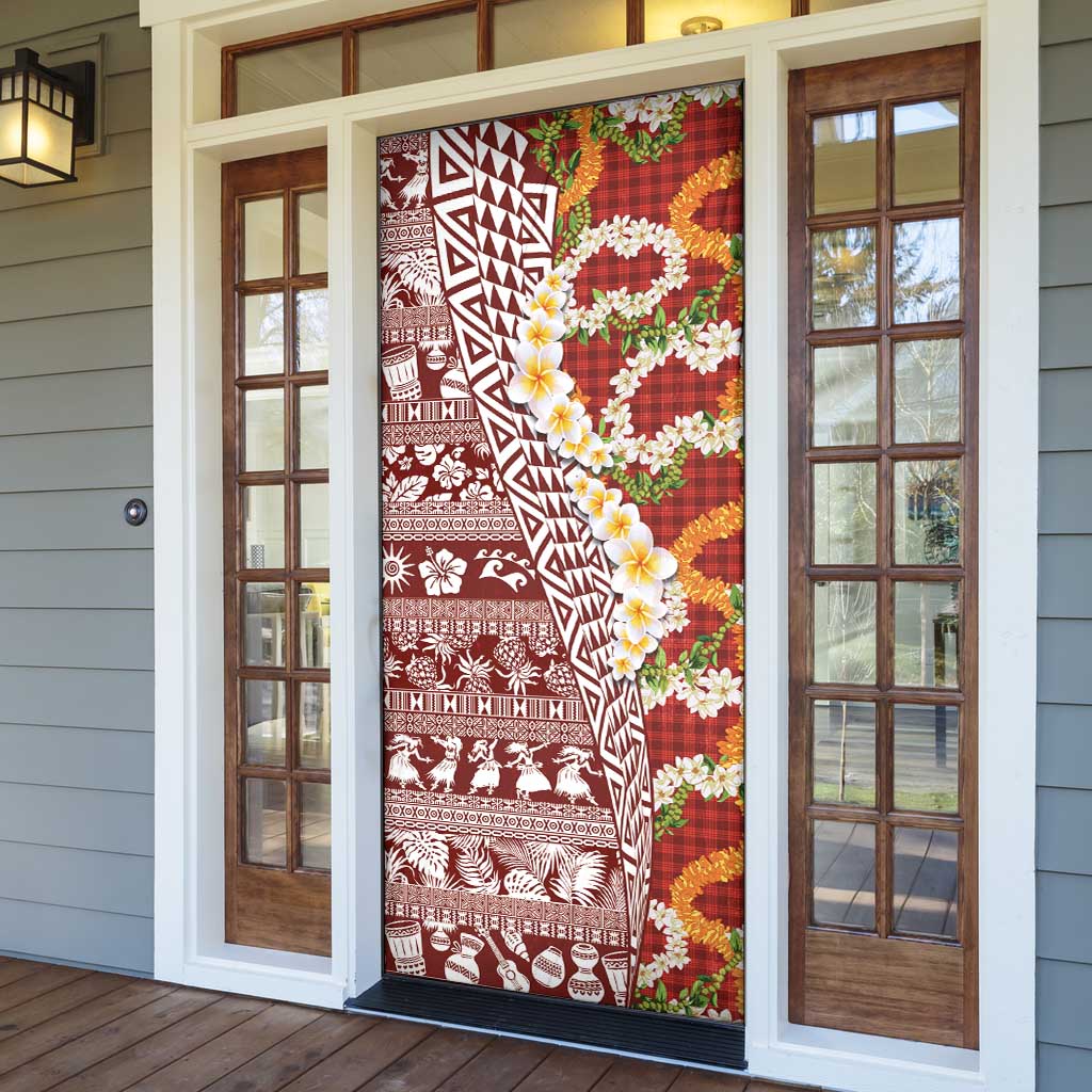 Hawaiian Plumeria Lei Door Cover Kakau Motifs and Palaka Half Style Red Color LT03 - Polynesian Pride