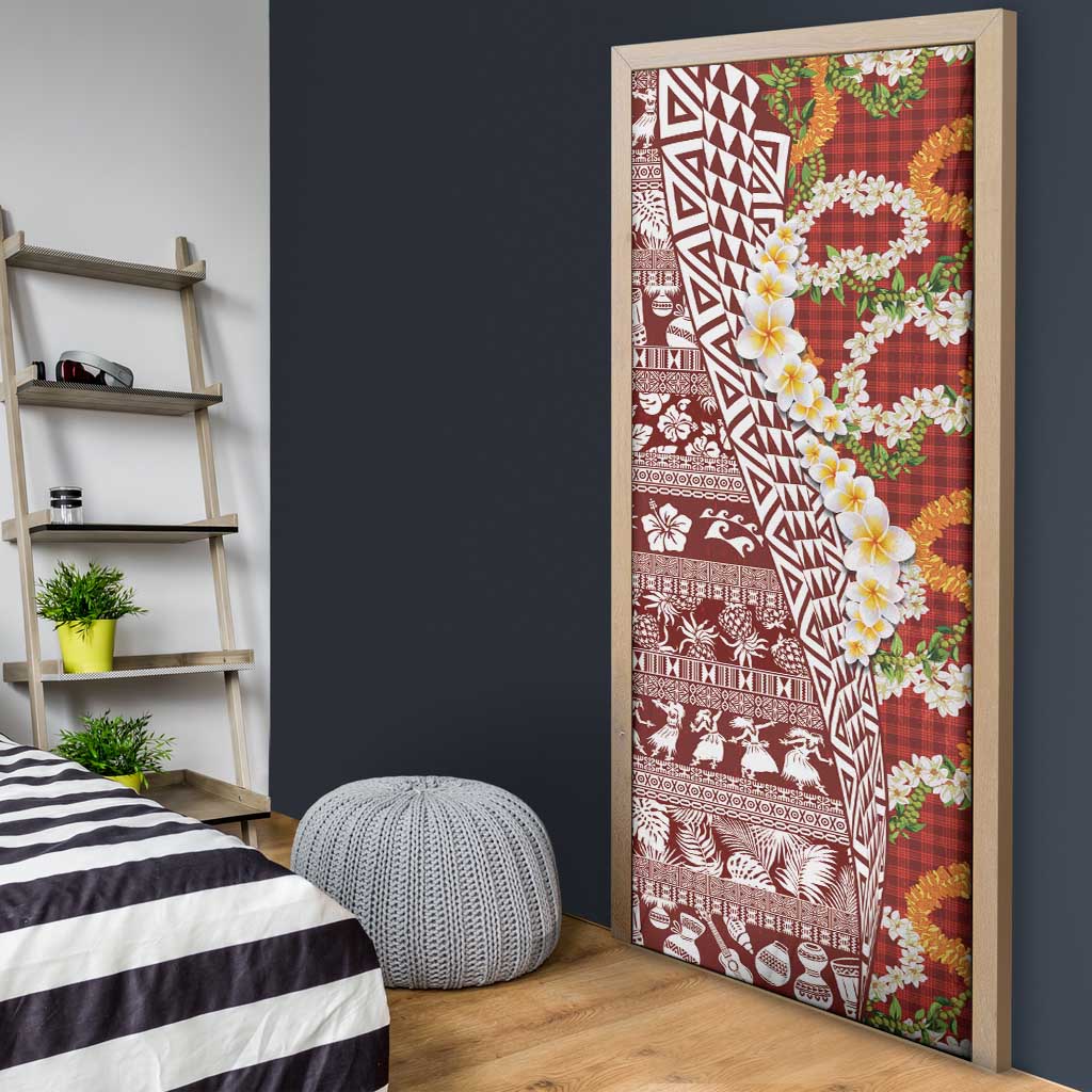 Hawaiian Plumeria Lei Door Cover Kakau Motifs and Palaka Half Style Red Color LT03 - Polynesian Pride