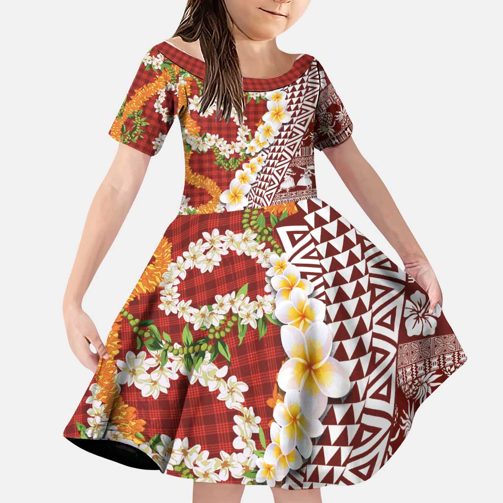 Hawaiian Plumeria Lei Family Matching Long Sleeve Bodycon Dress and Hawaiian Shirt Kakau Motifs and Palaka Half Style Red Color - Polynesian Pride