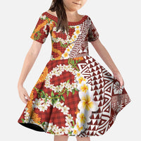 Hawaiian Plumeria Lei Family Matching Long Sleeve Bodycon Dress and Hawaiian Shirt Kakau Motifs and Palaka Half Style Red Color - Polynesian Pride