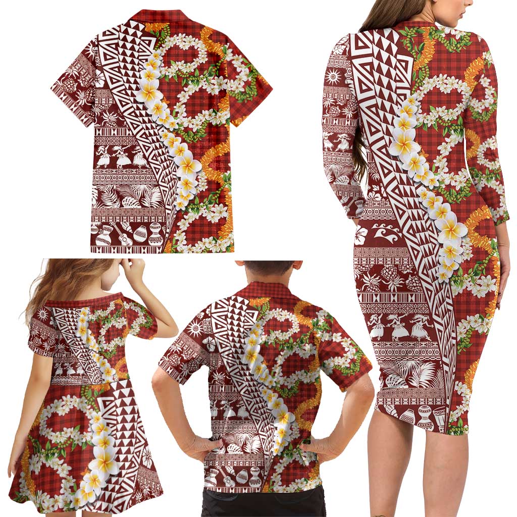Hawaiian Plumeria Lei Family Matching Long Sleeve Bodycon Dress and Hawaiian Shirt Kakau Motifs and Palaka Half Style Red Color - Polynesian Pride