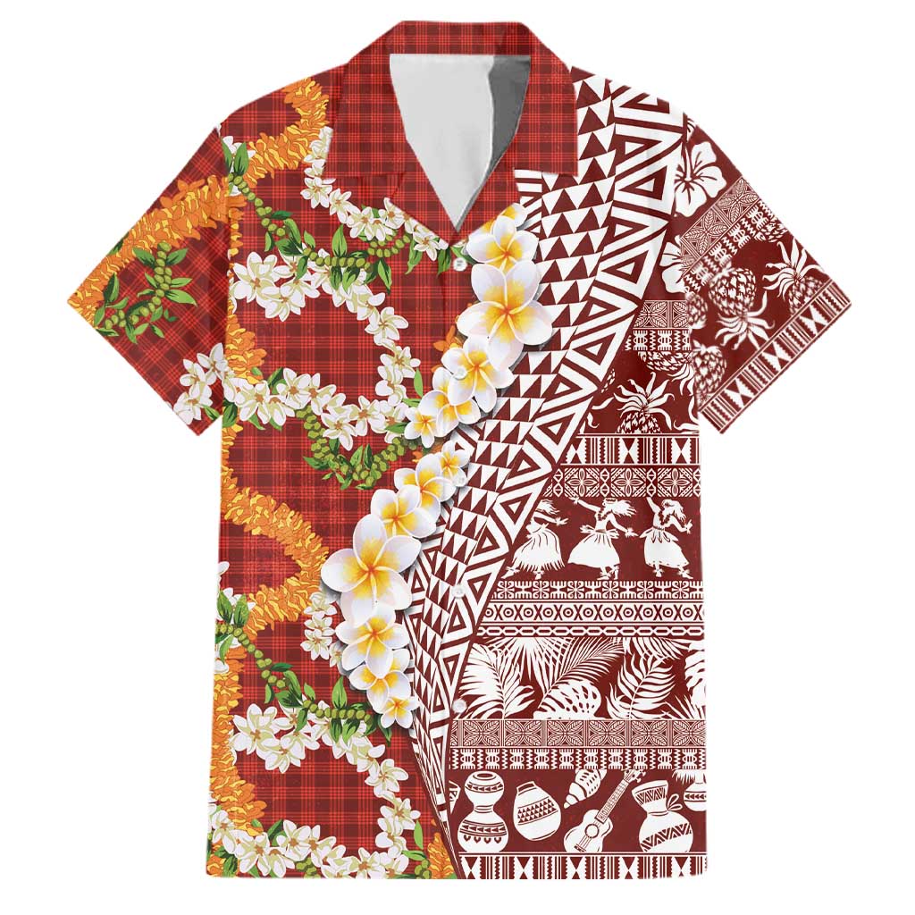 Hawaiian Plumeria Lei Family Matching Long Sleeve Bodycon Dress and Hawaiian Shirt Kakau Motifs and Palaka Half Style Red Color - Polynesian Pride