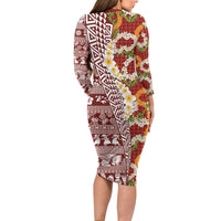 Hawaiian Plumeria Lei Family Matching Long Sleeve Bodycon Dress and Hawaiian Shirt Kakau Motifs and Palaka Half Style Red Color - Polynesian Pride
