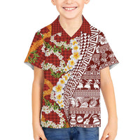 Hawaiian Plumeria Lei Family Matching Long Sleeve Bodycon Dress and Hawaiian Shirt Kakau Motifs and Palaka Half Style Red Color - Polynesian Pride