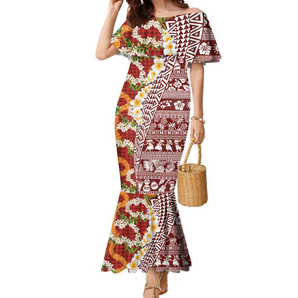 Hawaiian Plumeria Lei Family Matching Mermaid Dress and Hawaiian Shirt Kakau Motifs and Palaka Half Style Red Color - Polynesian Pride