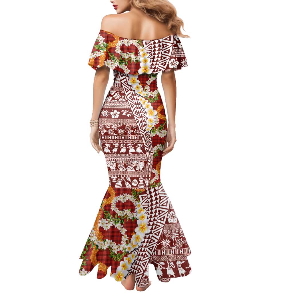 Hawaiian Plumeria Lei Family Matching Mermaid Dress and Hawaiian Shirt Kakau Motifs and Palaka Half Style Red Color - Polynesian Pride