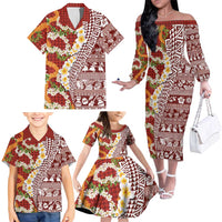 Hawaiian Plumeria Lei Family Matching Off The Shoulder Long Sleeve Dress and Hawaiian Shirt Kakau Motifs and Palaka Half Style Red Color - Polynesian Pride