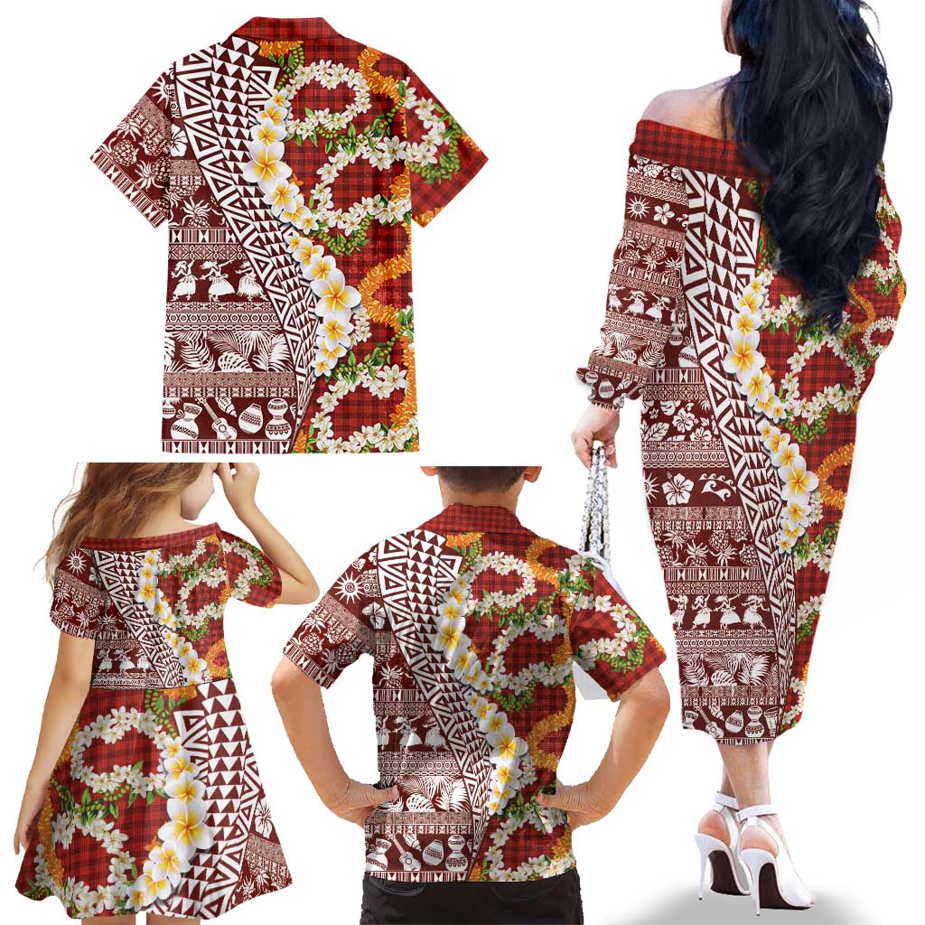 Hawaiian Plumeria Lei Family Matching Off The Shoulder Long Sleeve Dress and Hawaiian Shirt Kakau Motifs and Palaka Half Style Red Color - Polynesian Pride