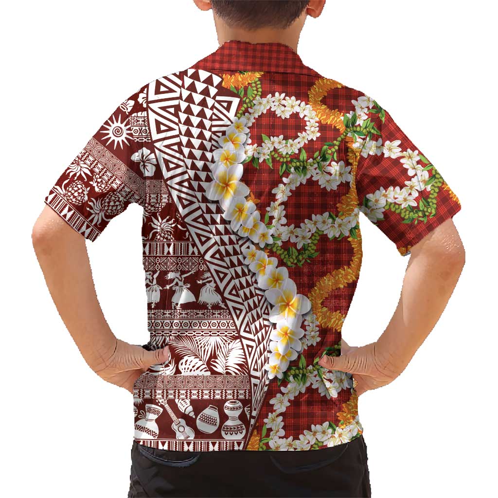 Hawaiian Plumeria Lei Family Matching Off Shoulder Maxi Dress and Hawaiian Shirt Kakau Motifs and Palaka Half Style Red Color - Polynesian Pride