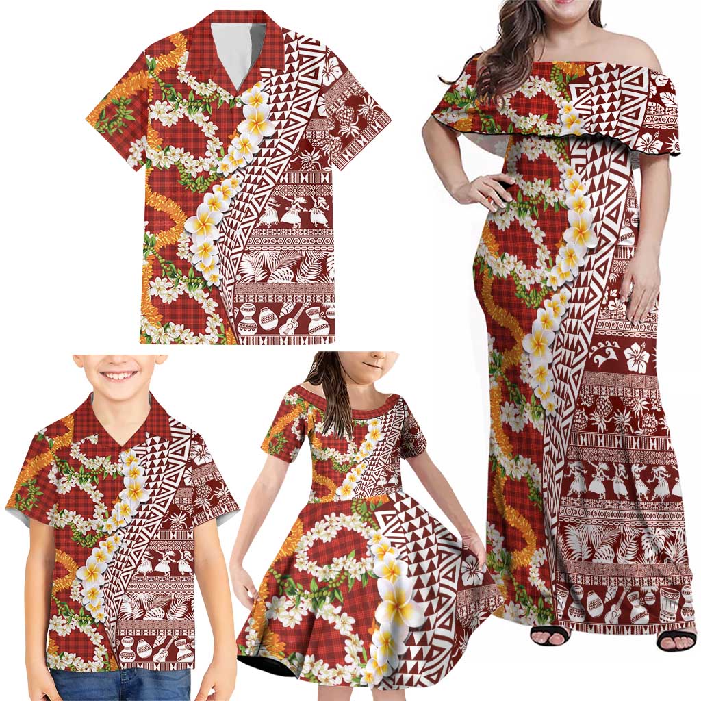 Hawaiian Plumeria Lei Family Matching Off Shoulder Maxi Dress and Hawaiian Shirt Kakau Motifs and Palaka Half Style Red Color - Polynesian Pride