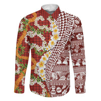 Hawaiian Plumeria Lei Family Matching Off Shoulder Maxi Dress and Hawaiian Shirt Kakau Motifs and Palaka Half Style Red Color - Polynesian Pride