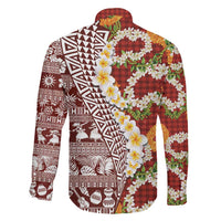 Hawaiian Plumeria Lei Family Matching Off Shoulder Maxi Dress and Hawaiian Shirt Kakau Motifs and Palaka Half Style Red Color - Polynesian Pride