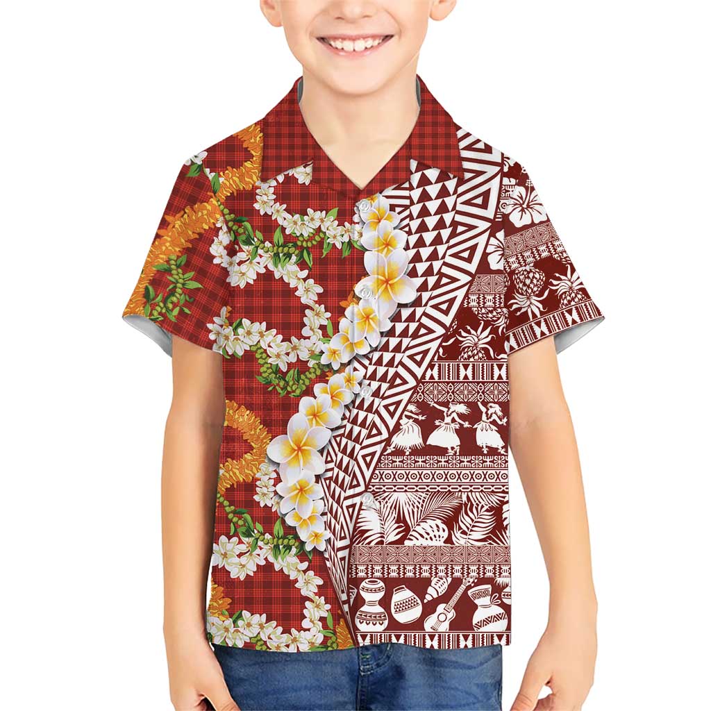 Hawaiian Plumeria Lei Family Matching Off Shoulder Maxi Dress and Hawaiian Shirt Kakau Motifs and Palaka Half Style Red Color - Polynesian Pride