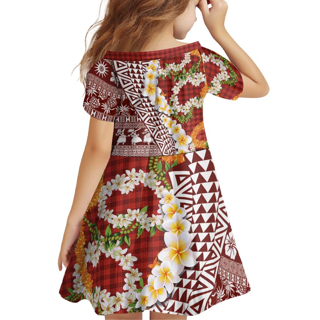 Hawaiian Plumeria Lei Family Matching Off Shoulder Short Dress and Hawaiian Shirt Kakau Motifs and Palaka Half Style Red Color - Polynesian Pride