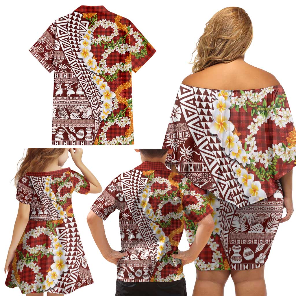 Hawaiian Plumeria Lei Family Matching Off Shoulder Short Dress and Hawaiian Shirt Kakau Motifs and Palaka Half Style Red Color - Polynesian Pride